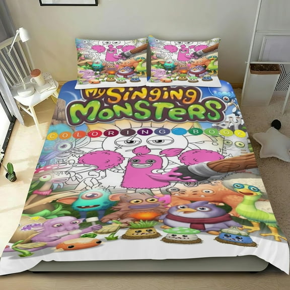 my singing monsters Themed Bed Sheet Set Three Piece Set 53x79 In ches Comfortable And Skin Friendly Unique Design Creating A Star Studded Night Home Decor Gifts For Family Friends fans