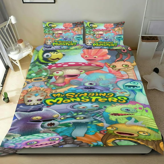 my singing monsters Themed Bed Sheet Set Three Piece Set 68x86 In ches Comfortable And Skin Friendly Unique Design Creating A Star Studded Night Home Decor Gifts For Family Friends fans