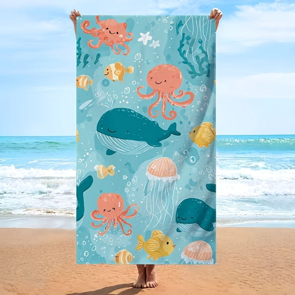 A single ocean-themed beach towel includes prints of cute marine animals such as whales, octopuses, and fish, made from soft microfiber fabric, and is a large-size bath towel suitable