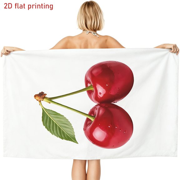 A single set of soft beach towels with bright cherry illustration patterns, fresh fruit style, suitable for beach vacations, pool parties, and outdoor picnics