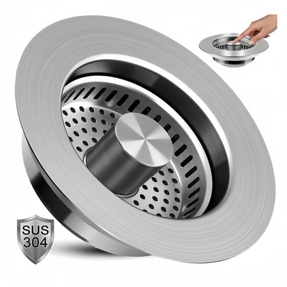 Behome 3 in 1 Kitchen Sink Drain Strainer, 304 Stainless Steel Pop Up Sink Stopper, Fits Standard 3-1/2 Inch Drain Hole, Universal Sink Protector Cover, Anti-Clogging Design, Silver