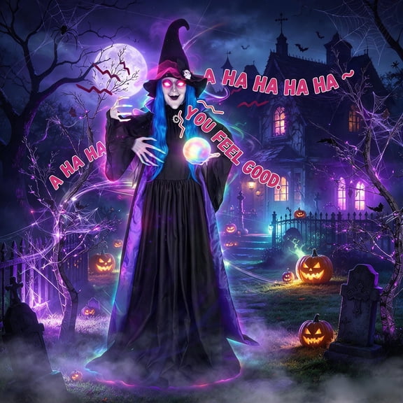 Sinkoo 72" Halloween Animatronic Standing Fortune Telling Witch with Light-Up Crystal Ball and Eyes, Talking, Moving Arms & Head for Haunted House Props Indoor Outdoor Lawn Yard Halloween Decorations