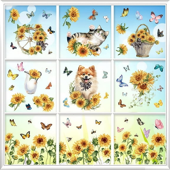 sinkoo 9 Sheet 62 Pcs Sunflower Double Sided Window Clings Summer Flowers Dog Cat Window Decals Anti-Collision Glass Window Doors Window Stickers