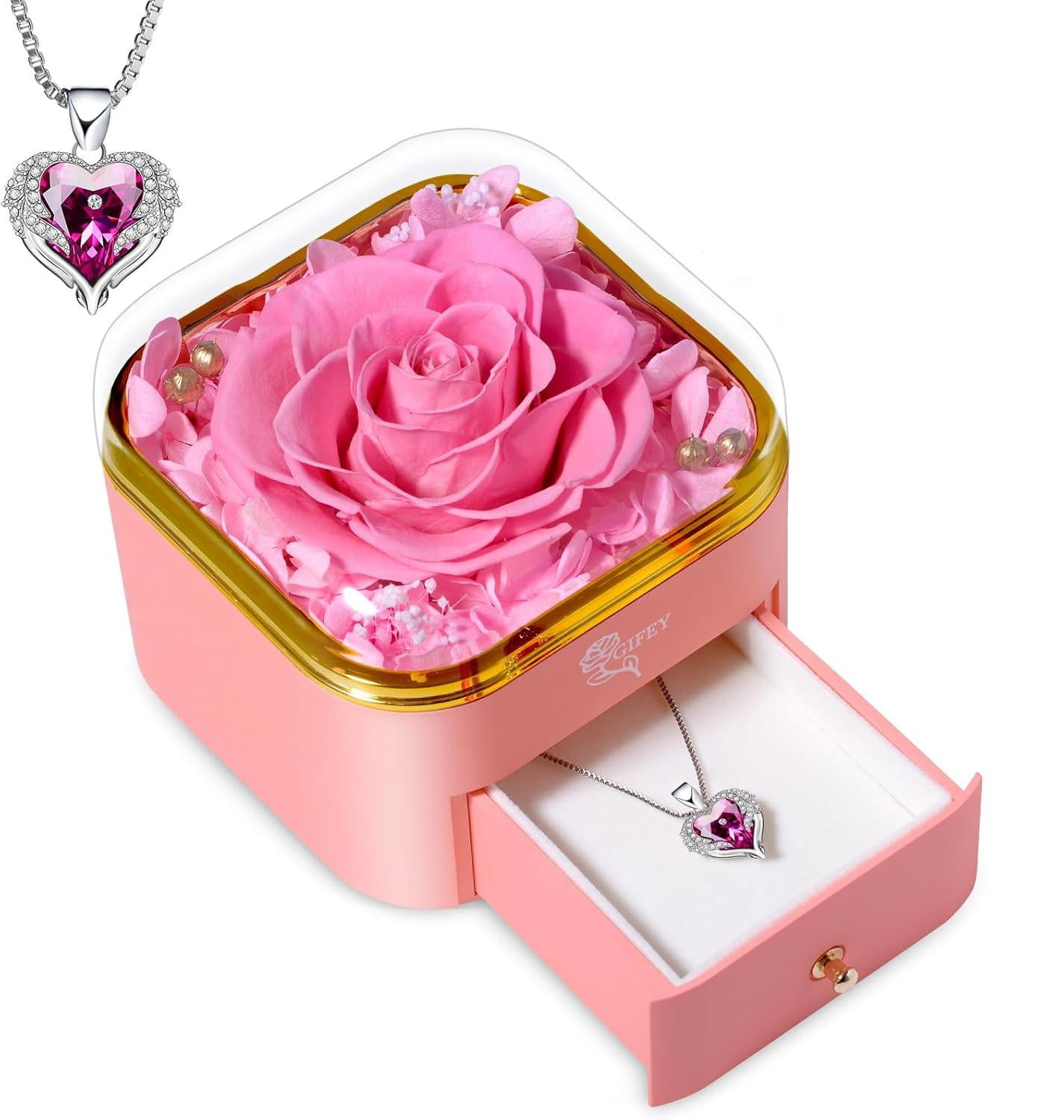 Sinkoo Mothers Day Gifts for Mom,Preserved Pink Real Rose with Purple Necklace, Forever Flowers Rose Gifts for Women Mom Wife Girlfriend on Hoilday Gifts for Women