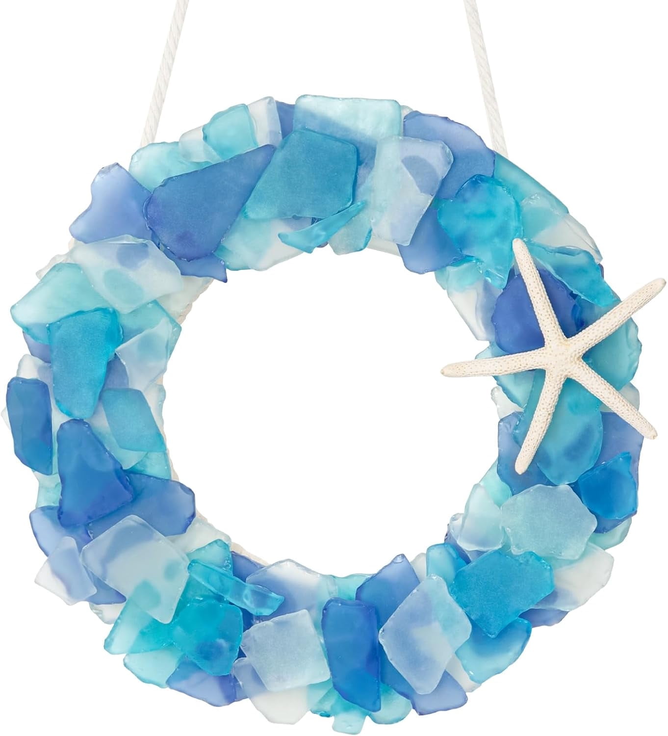 Sinkoo Sea Glass Wreath - Handmade 8.5 Inch Beach Wreath, Coastal Style Christmas Decor Wreaths for Home Decor, Door, Window, Kitchen Cabinet, Chair and Wall (Blue)
