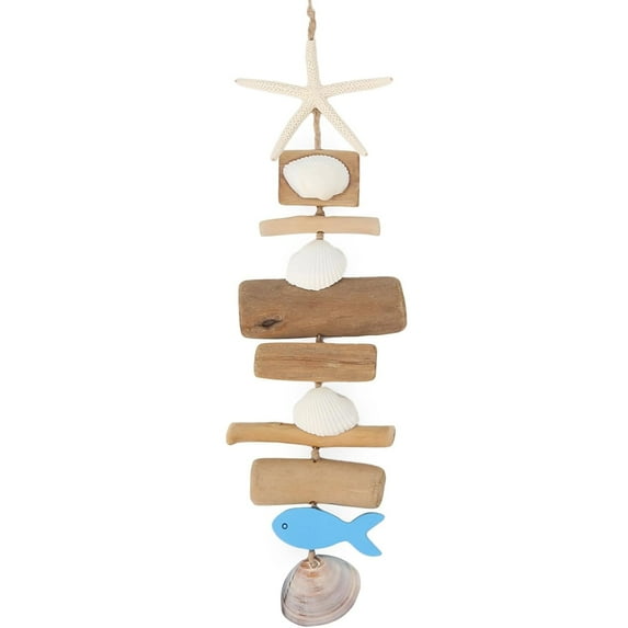sinkoo Wooden Fish Driftwood Wall Decor, Starfish Bathroom Decor with Sea Shells, Driftwood Beach Room Decor for Home Indoor Outdoor, Coastal Wall Art for Living Room, Bedroom and Dining Room