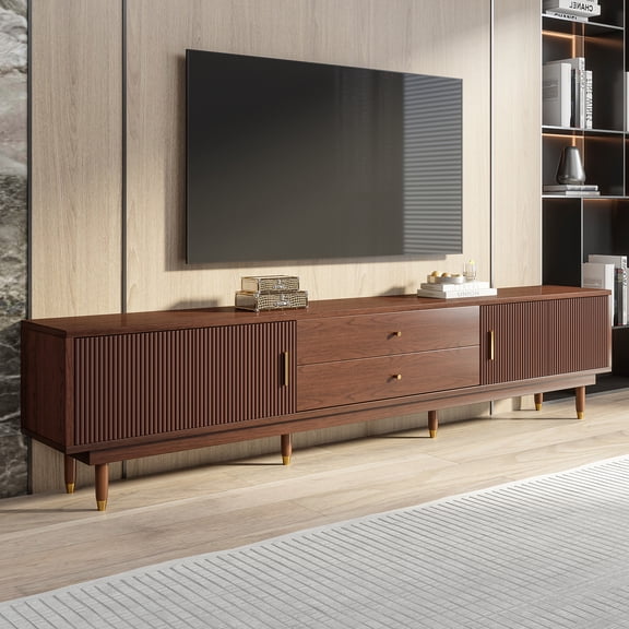 siu want 94.5" Mid-Century Modern TV Stand for 100 inch TV, Walnut Media Console with 2 Cabinets & 2 Drawers, Entertainment Center for Living Room