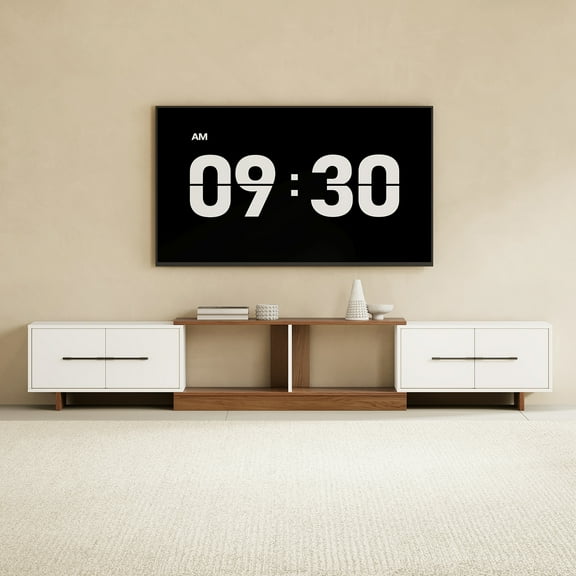 siu want Extendable TV Stand with Large Storage for Big Screen TVs 50-100 Inches, Modern 74-102 Inch Media Console with 4 Cabinets, White & Walnut Entertainment Center for Living Room