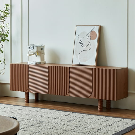 siu want Mid-Century Modern TV Stand for 80 Inch TVs, 70.9 inch Media Console with Fluted Doors & 4 Storage Cabinets, Walnut Entertainment Center for Living Room