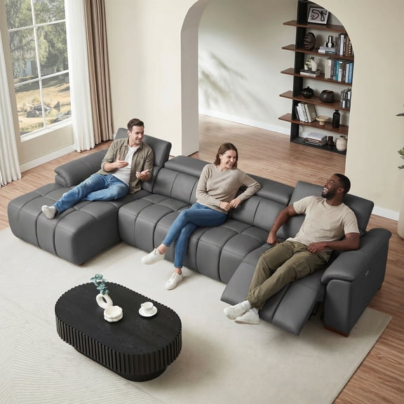 siu want Modern 4-Seat Electric Reclining Sectional Sofa, L-Shaped Genuine Leather Couch with Wall Hugger Design & USB Ports, Power Headrest and Footrest, Home Theater Living Room Furniture