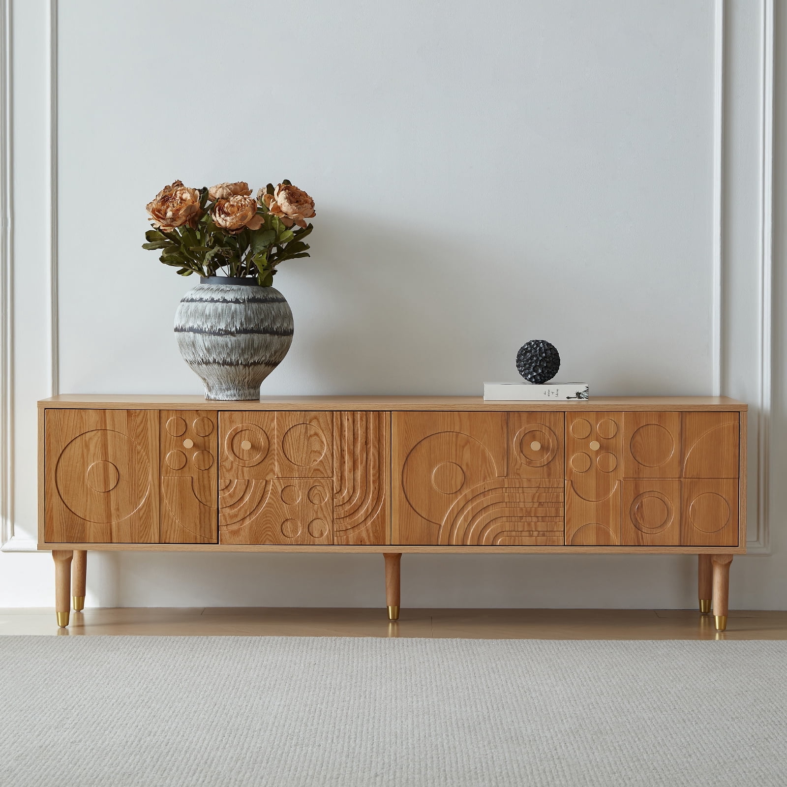 siu want Modern TV Stand for 75 inch TV, 70.9" Retro Media Console with Carved Geometric Doors & 4 Cabinets, Wood Color Entertainment Center​