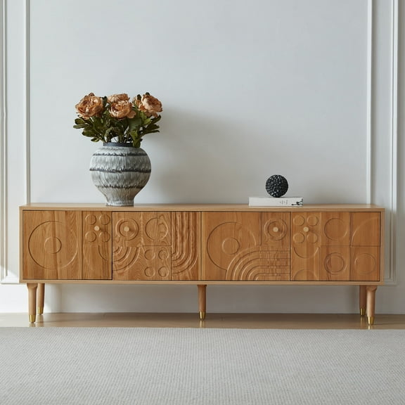 siu want Modern TV Stand for 75 inch TV, 70.9" Retro Media Console with Carved Geometric Doors & 4 Cabinets, Wood Color Entertainment Center