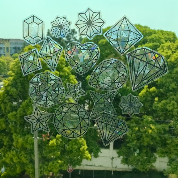 siubich 16pcs diamonds Static Window Clings Anti-Collision Window Decals for Bird Strikes, Window Strike Prevention Stickers, Colorful Prism Pattern Alert Decals to Protect Wild Birds Against Glass
