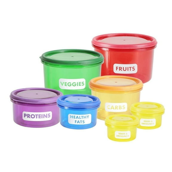 siubich Portion Control Containers, Food Storage and Meal Prep Containers for Weight Loss Program, BPA Free, Reusable, Locking Lids, Color-Coded, 7 Piece Kit