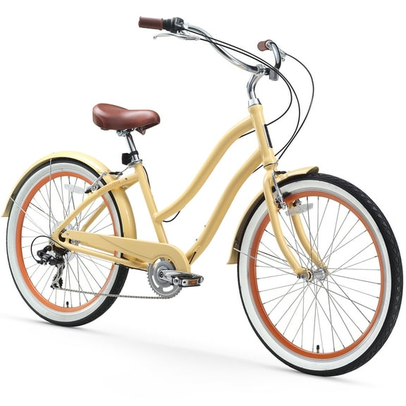 sixthreezero Every journey Women's 7-Speed Step-Through Hybrid Cruiser Bicycle, 26 In. Wheels and 17.5 In. Frame, Cream