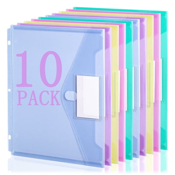 sixwipe 10 Pack Folders with Pockets 3 Hole Punched, Thickened Binder Pocket with Tight Closure, Plastic File Folder, Binder Organizer for School Supplies and Office Workers, A4 Size