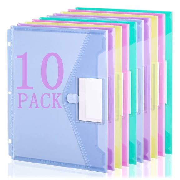 sixwipe 10 Pack Folders with Pockets 3 Hole Punched, Thickened Binder Pocket with Tight Closure, Plastic File Folder, Binder Organizer for School Supplies and Office Workers, A4 Size