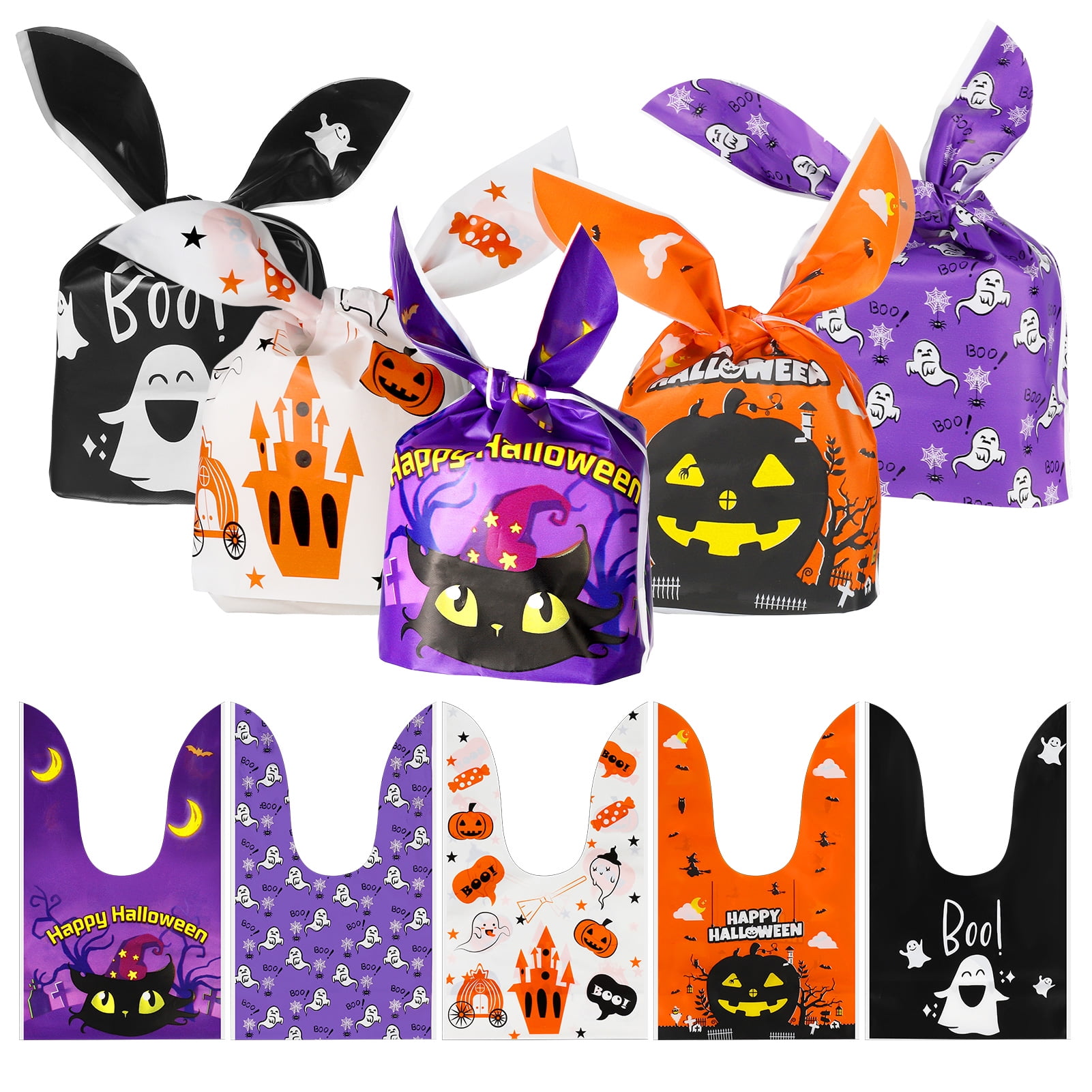 sixwipe 100 PCS Treat Bags, Kids Trick or Treat Bags, Cute Rabbit Ear Small Cookies Plastic Gift Bag, Opaque Plastic Cellophane Cookie Candy Bags, Snack Gift Bags for Halloween Treats Party Favors