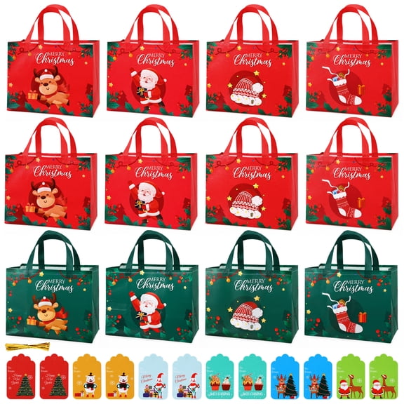 sixwipe 12 Pack Large Christmas Tote Gift Bags with Handles, 12.6x9.8x6.7in Non-Woven Reusable Tote Bags for Holiday Gifts Wrapping