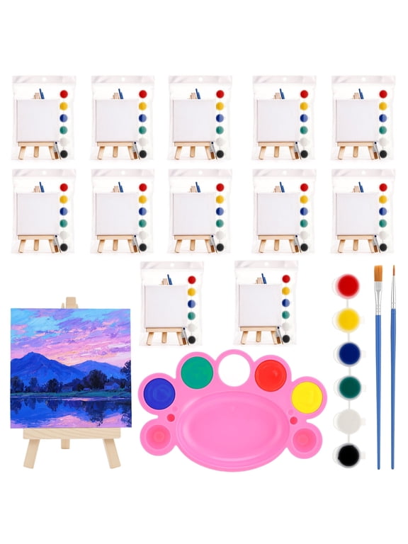 12 Set Mini Canvas for Painting with Wooden Easels, 121 Pcs Art Drawing Kit, 4x4 Canvases, 6 Paint Colors, 2 Brushes, 1 Palette, Complete Art Starter Kit for Beginners, Home, Class or Gift