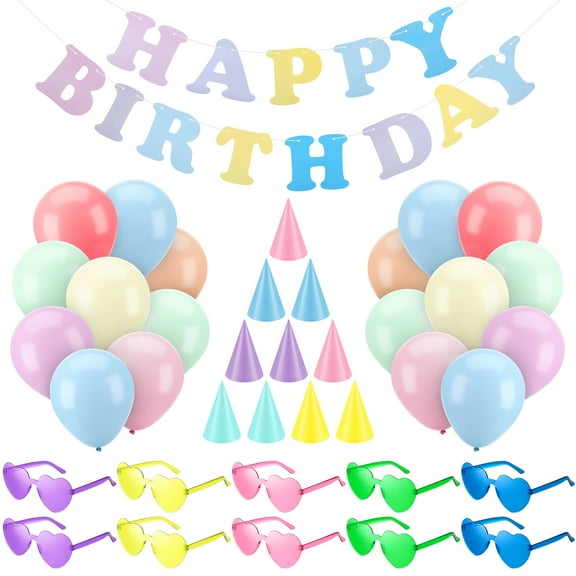 sixwipe 121 Pcs Pastel Birthday Party Decorations and Favor for Kids, Include 10 Party Hats, 10 Heart-Shaped Birthday Sunglasses, 100 Balloons, 1 Wall Banner for Birthday Decorations Supplies