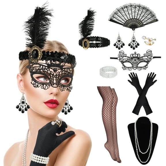 sixwipe 13 Pcs 1920s Flapper Accessories Set for Women, 1920s Women Outfits Headband Earrings Mask Necklace Bracelets Ring Lace Fan Gloves Fishnet Stockings, Roaring 20s Accessories
