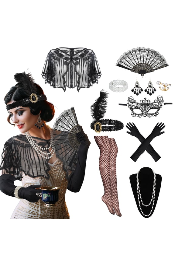 13 Pcs 1920s Flapper Accessories Set for Women, Roaring 20s Accessories with Vintage Dress Shawl, 1920s Women Outfits Costume for Women Cosplay Party Favor Bachelorette Party