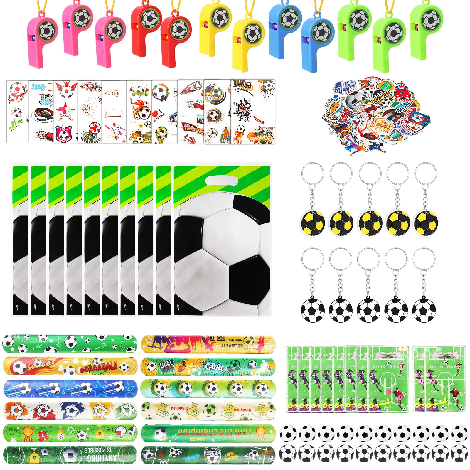 sixwipe 134 Pcs Soccer Party Favors Set with Goodie Bags, Soccer Themed Birthday Party Supplies, Bracelet Key Chains Stickers and Gift Bags for Football Party Supplies Soccer Party Decorations
