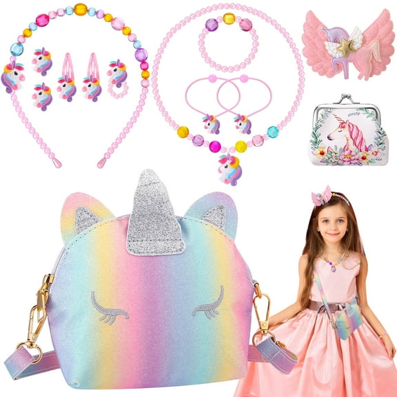 sixwipe 13Pcs Little Girl Unicorn Purse Set, Cute Kids Purse Crossbody Bags with Kids Dress Up Jewelry Set Pretend Play Accessories, Birthday Presents Unicorn Gifts Toy for Girl, Toddler