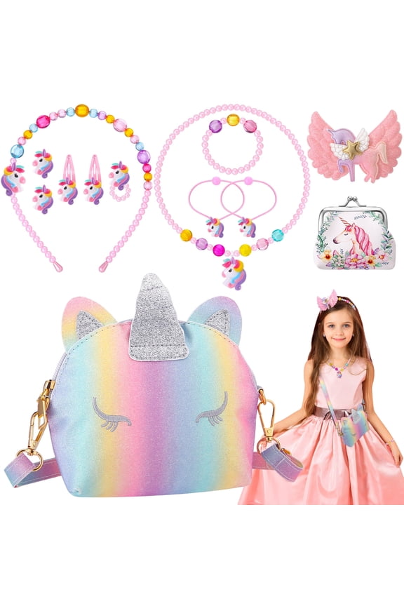 13Pcs Little Girl Unicorn Purse Set, Cute Kids Purse Crossbody Bags with Kids Dress Up Jewelry Set Pretend Play Accessories, Birthday Presents Unicorn Gifts Toy for Girl, Toddler