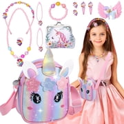 sixwipe 13Pcs Little Girl Unicorn Purse Set, Cute Kids Purse Crossbody Bags with Kids Dress Up Jewelry Set Pretend Play Accessories, Birthday Presents Unicorn Gifts Toy for Girl, Toddler