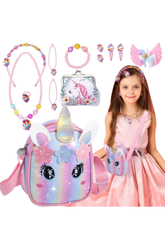 13Pcs Little Girl Unicorn Purse Set, Cute Kids Purse Crossbody Bags with Kids Dress Up Jewelry Set Pretend Play Accessories, Birthday Presents Unicorn Gifts Toy for Girl, Toddler