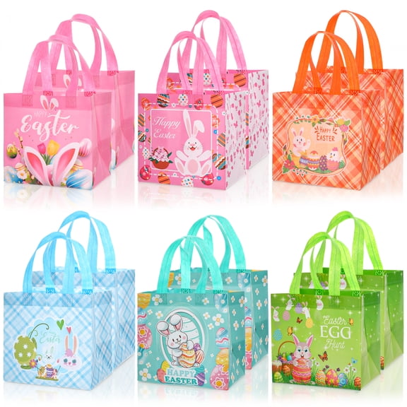 sixwipe 16 Pack Easter Non-woven Bags with Handle, Happy Easter Gift Bags, Treat Bags Rabbit Bunny, Reusable Easter Goodie Bags, Waterproof, 8.27 x 7.87 x 5.9 inch