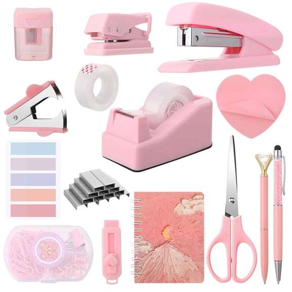 sixwipe 17-in-1 Pink Office Supplies Set, Desk Accessories Kit with Stapler, Tape Dispenser, Remover, Staples, Clips, Scissor, Writing Pads, Pen and Tabs for Women, Clerks