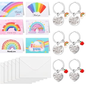 sixwipe 18 Pack Teacher Appreciation Gifts Set, Rainbow Style 4x6 inch Thank You Cards Bulk with Envelopes and Keyrings for Teacher Birthday Gifts, Back To School, Women, Men
