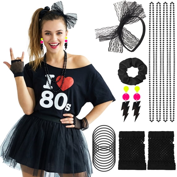 sixwipe 18 Pcs 80s Accessories Women, Lace Headband Earrings Fishnet Gloves Necklace Bracelet for 80s Retro Party Halloween