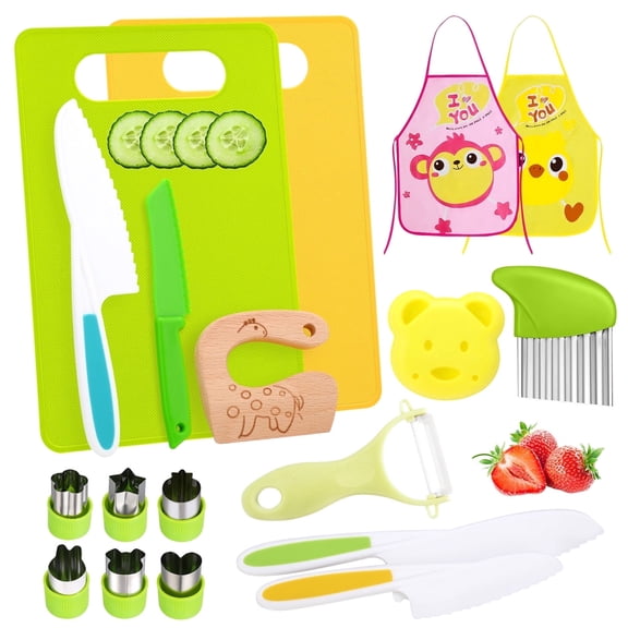 sixwipe 18 Pieces Children Safe Knife Set for Real Cooking, Kitchen Tools Cookware Baking Toy for Kids, Cutting Boards, Crinkle Cutter, Peeler, Serrated Edges and Wooden Safe Knives