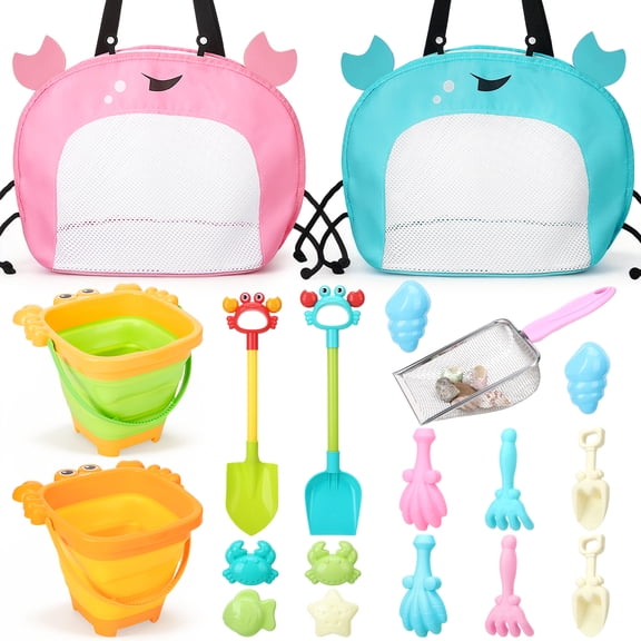 sixwipe 19 Pcs Crab Beach Toy Set, Kids Sand Play Kit with 2 Storage Bags, BPA-Free PP Plastic Sandbox Toys for Beach Backyard Pool Outdoor Activities