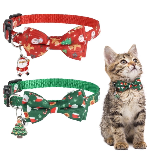 sixwipe 2 Pack Christmas Cat Collar, Pet Bowtie Collar with Bell, Adjustable Bow Tie Collar with Light Adjustable Buckle for Cat Kitten Puppy Small Dogs(Red+Green)