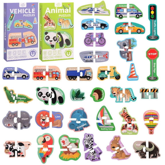sixwipe 2 Pack Fridge Magnets, Large Size Magnetic Animals and Vehicles, Puzzle Animal and Vehicles Magnets for Refrigerator, Educational Toys Fridge Magnets Toddler Learning Toys