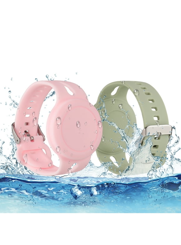 sixwipe 2 Pack Waterproof AirTag Bracelet for Kids, Compatible with Apple AirTag Kids Adjustable Watch Band, Hidden Silicon Holder for Child GPS Tracking Tagging Watch Band(Pink, Shanti Green)