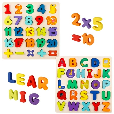 sixwipe 2 Pack Wooden Puzzles for Toddlers, Alphabet Puzzle and Number Puzzle, 2 in 1 Preschool Educational Learning Toys with Chunky Wood ABC Puzzle Board for 3+ Girls Boys Kindergarten