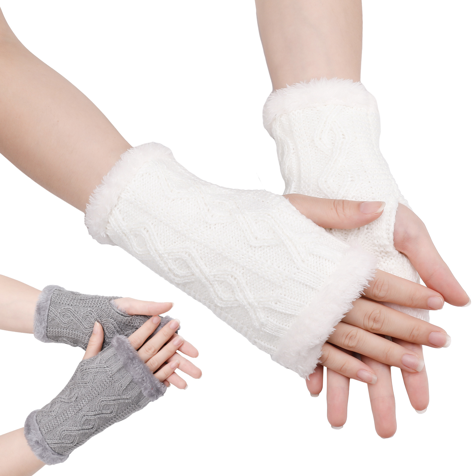 sixwipe 2 Pairs Women Fingerless Gloves, Winter Knit Arm Glove, Thicken