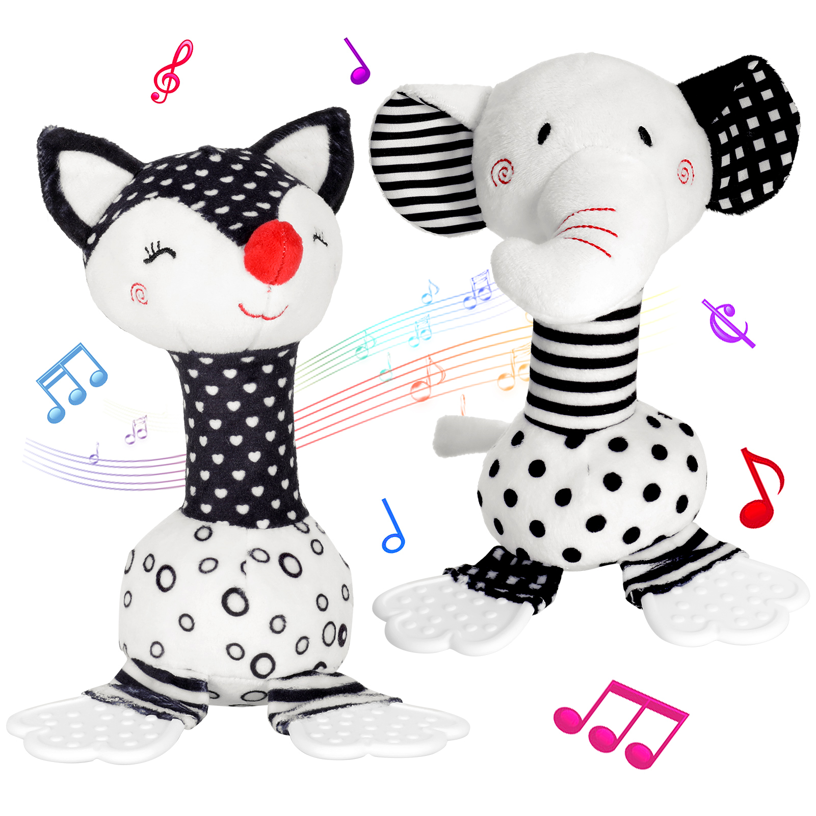 Sixwipe 2Pcs Sensory Rattle & Teether Set, 06 Months, Black/White