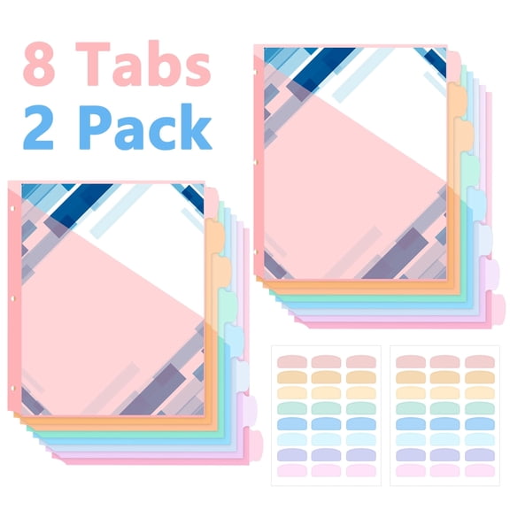 sixwipe 2 Pack 8 Tabs Dividers with One Pockets, 8 Tabs File Notebook Dividers for 3 Ring Binders, Plastic Binder Dividers with Labels for School Supplies and Office Workers