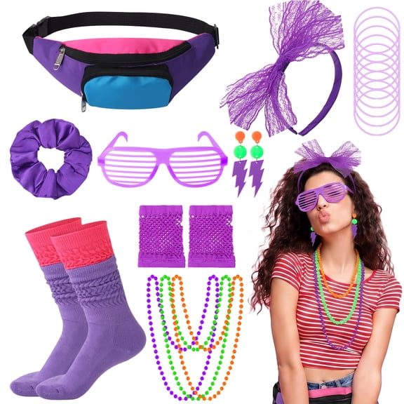 sixwipe 20 Pcs 80s Accessories for Women, Fancy Outfit Costume Set with Fishnet Gloves Fanny Pack Necklace Bracelet Earrings Socks Headband, 80s Outfit for Women Costume Theme Party Dress Up