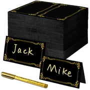 sixwipe 200 Pcs Black Paper Folding Table Cards with 1 Gold Pen for Party, 3.54 x 3.94 Name Tent Cards with Gold Foil Border for Table Setting, Table Tent Sign for Buffet Banquet Parties Celebrations