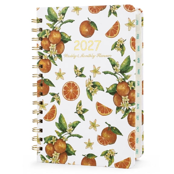 sixwipe 2027 Monthly Academic Planner 6.5x8.5 Inch, Wirebound Orange Floral with Laminated Tabs, Academic Year, Day Designer