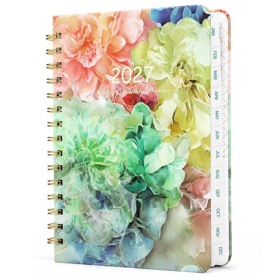 sixwipe 2027 Monthly Academic Planner 6.5x8.5 Inch, Wirebound Yearly Planner with Laminated Tabs Camellia Floral Design