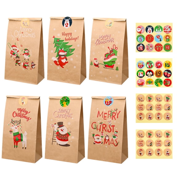 sixwipe 24 Pack Christmas Craft Paper Treat Bags, 8 Assorted Christmas Designs Party Bags with 24 Pieces Cute Stickers, Small Xmas Gift Bags for Holiday Party Decorations